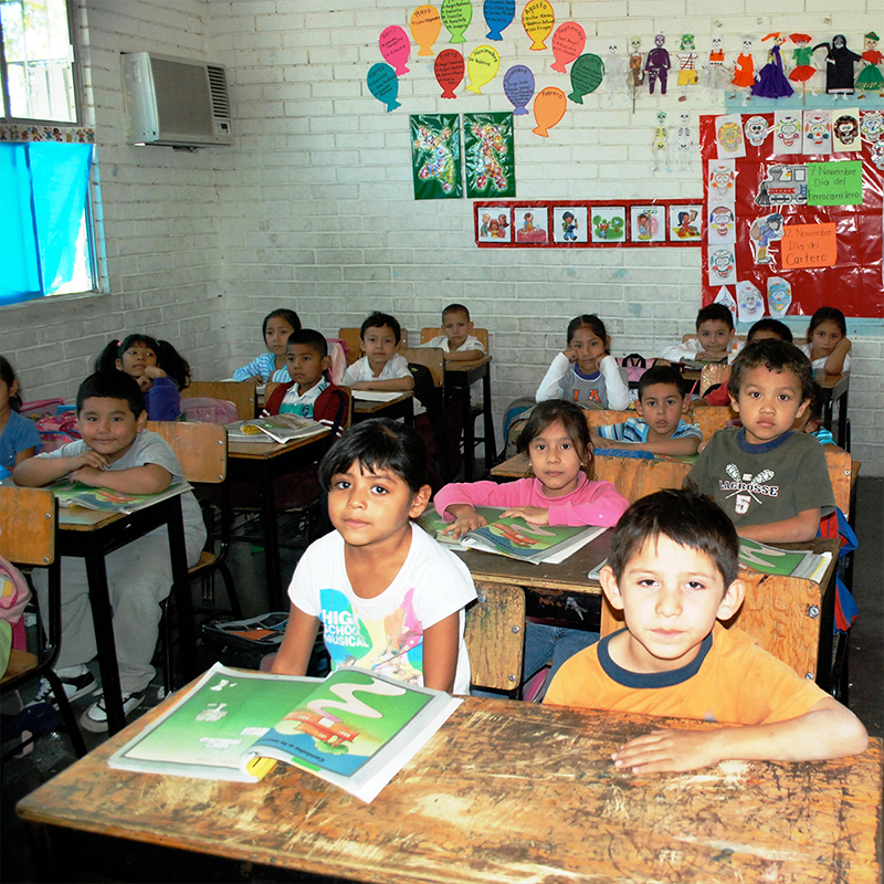 Young students at their desks in primary school.